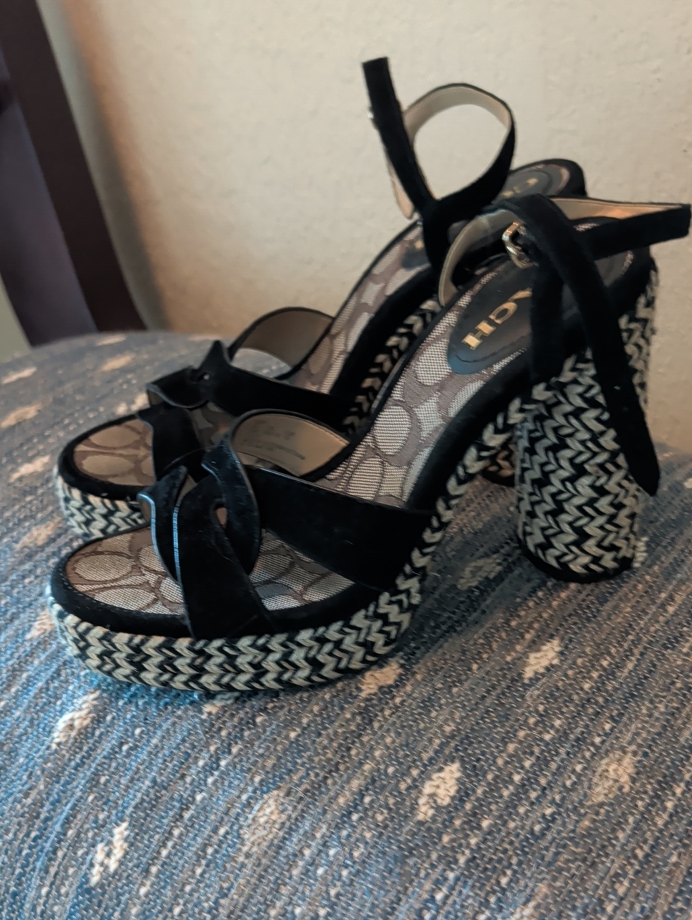 Coach Black Suede Platform Sandals with Woven Heel Detail